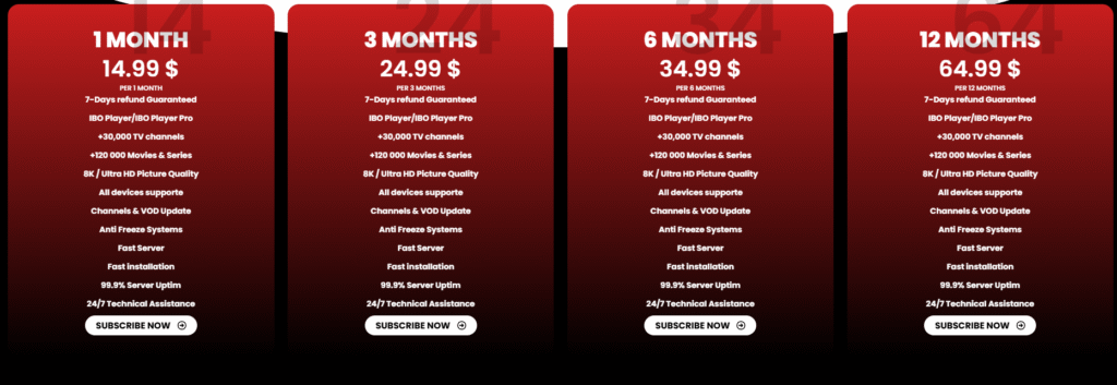 RedditTV IPTV pricing plans displayed on the website
