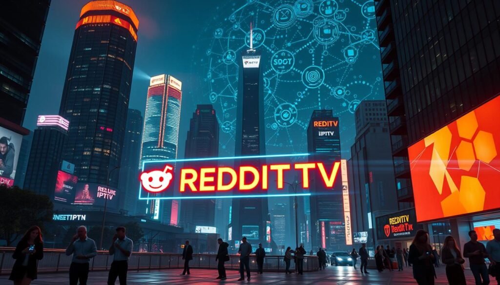 A futuristic cityscape at night, with towering skyscrapers and neon-lit holographic displays showcasing the evolution of IPTV streaming. In the foreground, a giant holographic logo for "REDDITTV" dominates the scene, casting a warm glow over the bustling metropolis. Sleek, high-tech devices in the hands of pedestrians suggest the seamless integration of streaming services into everyday life. The sky is alive with a mesmerizing display of data visualizations, representing the vast network of content and channels available through IPTV. Cinematic lighting and a moody, cyberpunk-inspired atmosphere create a sense of awe and anticipation for the future of entertainment.