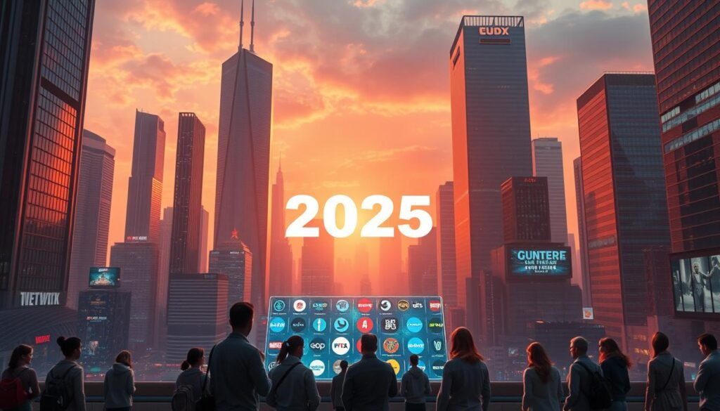 A futuristic cityscape in the year 2025, with towering skyscrapers and sleek, modern architecture. In the foreground, a group of people gather around a large, holographic display, navigating through a vast array of streaming service icons and logos. The cityscape is bathed in a warm, vibrant light, creating a sense of technological advancement and innovation. The atmosphere is one of a bustling, interconnected world, where streaming services have become an integral part of everyday life. The scene is captured from a slightly elevated angle, allowing the viewer to take in the scale and complexity of the urban landscape.