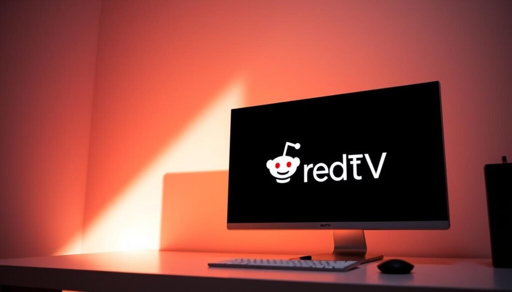 A modern, minimalist desktop computer setup with a sleek monitor displaying the Reddit logo and the text "IPTV" prominently featured. The screen is surrounded by a clean, metallic frame, creating a professional, technology-focused atmosphere. Soft, diffused lighting from above casts a warm glow, highlighting the polished surfaces. The composition emphasizes simplicity and the core concept of Reddit IPTV, without distracting elements. The image conveys the idea of a reliable, fast, and affordable IPTV service, as described in the article title.