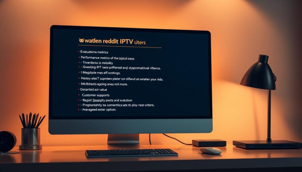A modern, sleek desktop with a professional aesthetic. On the screen, a detailed list of evaluation criteria for Reddit IPTV services, including performance metrics, reliability, value, customer support, and more. The scene is illuminated by a warm, directional light, casting subtle shadows and highlights to create depth and dimension. The overall tone is one of thoughtful analysis and informed decision-making, reflecting the subject of the article.