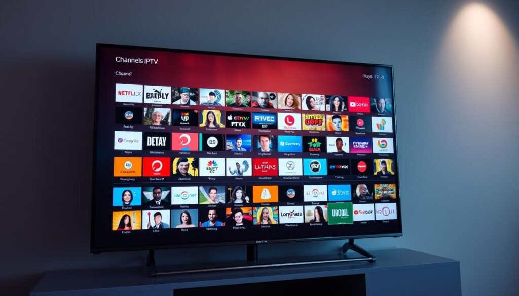 A sleek, modern television display showcases a vast array of IPTV channel options, each with distinct icons and thumbnails. The interface is visually captivating, with a clean, minimalist design that highlights the diversity of content available. The channels are organized into well-defined categories, making navigation intuitive and efficient. Soft, diffused lighting illuminates the scene, creating a sense of depth and highlighting the details of the user interface. The overall atmosphere is one of sophistication and technological advancement, reflecting the quality and reliability of the Reddit IPTV services featured in the article.