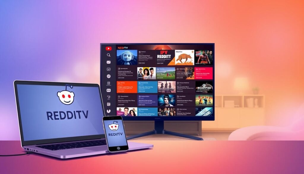 A vibrant and dynamic illustration showcasing the power of REDDITTV as the ultimate IPTV resource hub. In the foreground, a sleek and modern desktop setup with a laptop and smartphone, displaying the REDDITTV logo. On the screen, a collage of various IPTV subreddit threads, each offering valuable insights and recommendations for premium streaming content. The middle ground features a cozy living room setting, with a comfortable couch and a large, high-definition television displaying an immersive IPTV experience. The background is a soft, gradient-filled environment, creating a sense of depth and emphasizing the digital nature of the IPTV ecosystem. The overall mood is one of discovery, knowledge-sharing, and the seamless integration of technology into everyday life.