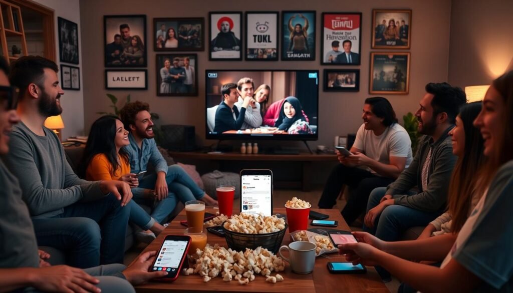 A cozy living room setting filled with diverse individuals engaged in animated discussions while watching a live TV event on a large screen. In the foreground, a group of three friends, dressed in comfortable casual attire, are laughing together, snacks scattered around them. In the middle ground, a coffee table brimming with popcorn, drinks, and mobile devices showcases the Reddit app open, revealing vibrant community interactions. The background features a wall adorned with framed posters of popular TV shows, subtly illuminated by warm lighting to create an inviting atmosphere. Capture the energy and excitement of the streaming community, with a soft focus on the television screen displaying captivating content, emphasizing the mood of connection and shared experience during live events.