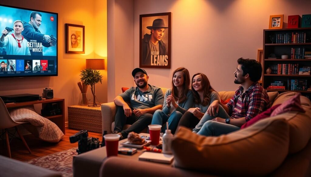 A cozy living room setting in soft, warm illumination, featuring a large screen displaying popular Reddit TV shows in vibrant colors. In the foreground, a stylish sofa adorned with plush cushions and a coffee table cluttered with snacks and drinks. A framed poster of iconic TV series hangs on the wall, adding character to the space. In the middle ground, an engaged group of diverse friends—two men and two women—dressed in casual, comfortable clothing, sit together, their expressions reflecting excitement and anticipation as they enjoy their streaming experience. The background subtly shows a bookshelf filled with DVDs and knick-knacks related to various shows. The overall atmosphere is inviting and relaxed, encapsulating the ultimate TV viewing experience that Reddit offers.