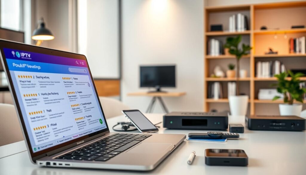 A modern digital workspace showcasing an array of IPTV provider reviews and ratings. In the foreground, an open laptop displays a vibrant webpage filled with ratings and user comments, highlighting popular IPTV services. The middle layer features a neatly organized desk with a tablet, phone, and streaming device, all surrounded by tech gadgets. In the background, a stylish, well-lit office interior with soft, natural lighting creates a professional atmosphere. A bookshelf lined with tech books and a potted plant add to the ambiance. The scene conveys a tech-savvy vibe, inviting viewers to explore the content, while maintaining a clean, sophisticated aesthetic.