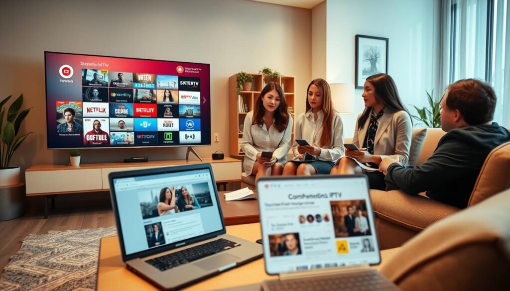 A modern living room setup showcasing a sleek television displaying an IPTV interface, with a user exploring various streaming options. In the foreground, a diverse group of three individuals in professional attire—one man and two women—are engaged in a discussion about their favorite IPTV providers, surrounded by notes and devices. The middle ground features a stylish coffee table with a laptop open on a Reddit page, showcasing community posts and recommendations. The background reveals a cozy setting with soft ambient lighting, decorative plants, and contemporary decor to create an inviting atmosphere. The camera angle is at eye level capturing the group’s interaction, evoking a sense of camaraderie and modernity.