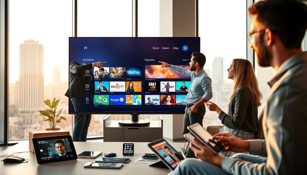 A modern, sleek office environment showcasing the top features of IPTV providers. In the foreground, a diverse group of three professionals—two men and one woman—dressed in smart casual attire, are engaged in an enthusiastic discussion while pointing at a large, high-definition monitor displaying an IPTV interface with vibrant graphics and channel listings. In the middle ground, there are scattered digital devices like tablets, smartphones, and laptops with IPTV apps open. The background features a contemporary city skyline visible through large windows, bathed in soft, warm afternoon light. The overall mood is collaborative and innovative, emphasizing technology and communication. Use a slight tilt-angle for a dynamic perspective, with soft focus and even lighting to highlight the interaction and enthusiasm for IPTV features.