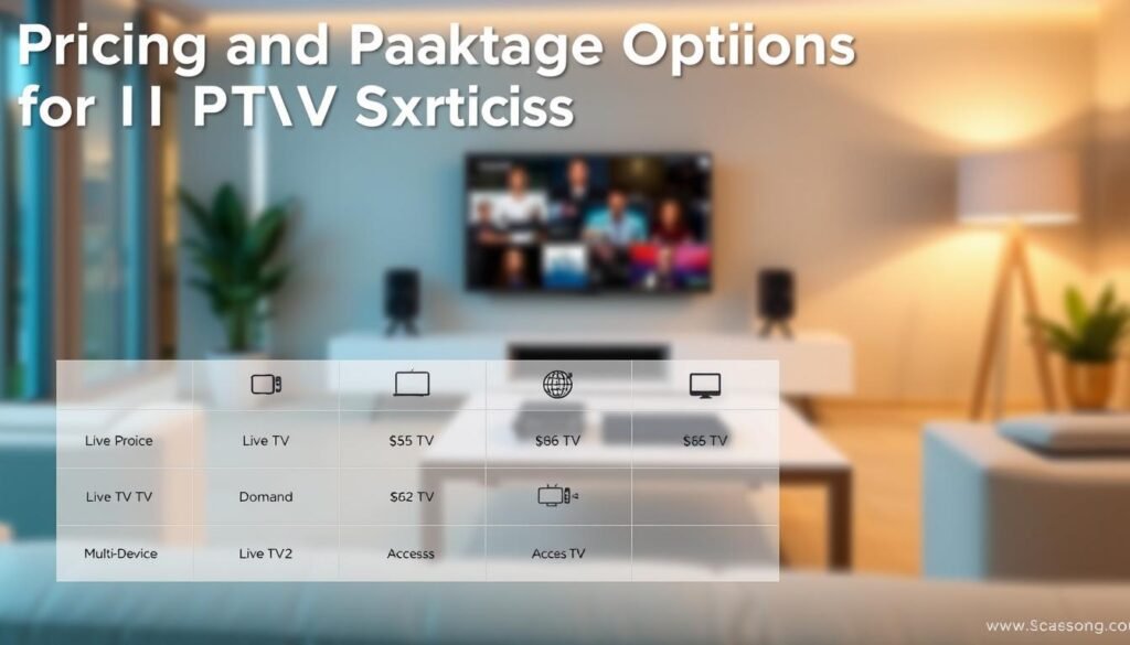 A sleek and modern infographic presenting "Pricing and Package Options for IPTV Services." In the foreground, a well-organized grid layout displaying various IPTV packages with icons representing different features like live TV, on-demand content, and multi-device access. The middle section showcases a blurred image of a television displaying streaming content, emphasizing the IPTV aspect. In the background, a soft-focus living room setting with a stylish coffee table and an elegant TV setup, illuminated by warm ambient lighting creating a welcoming atmosphere. The color palette should be professional and soothing, incorporating shades of blue and white to convey trust and clarity, captured with a slight tilt-angle to add dynamic interest. The overall mood is informative and engaging, suitable for an audience seeking reliable IPTV options.