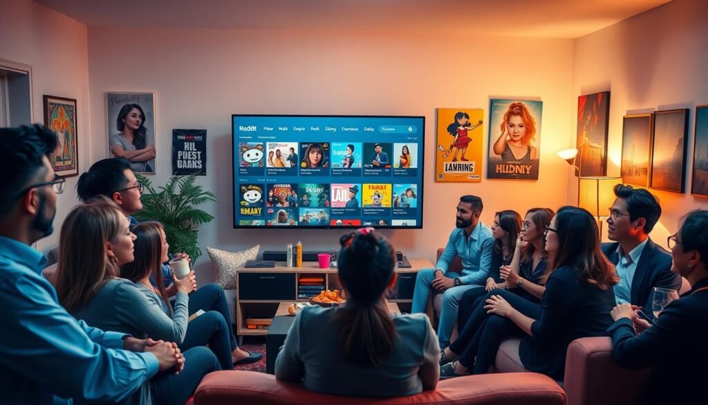 A vibrant and engaging depiction of a Reddit streaming community. In the foreground, a diverse group of individuals, dressed in professional business attire, are gathered around a large screen displaying Reddit’s interface showcasing various streaming content. In the middle, a cozy living room setting with comfortable couches, snacks, and colorful posters of popular shows on the walls, reflecting the collaborative and social nature of the platform. The background features soft lighting with warm tones, suggesting a friendly and inviting atmosphere. The scene is captured from a slightly elevated angle, enhancing the sense of connection among community members while showcasing the entertainment experience as a whole. The overall mood is energetic, emphasizing the joy of shared viewing and discussions.