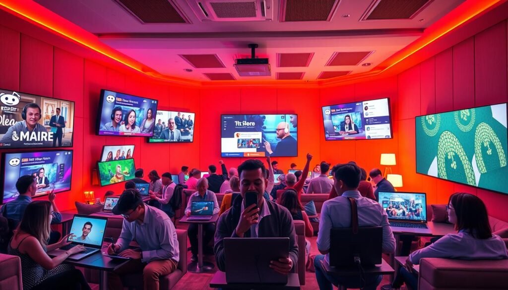 A vibrant digital landscape depicting a bustling Reddit streaming community. In the foreground, a diverse group of individuals, dressed in smart casual attire, is engaging with streaming devices and laptops, showcasing a sense of collaboration and creativity. The middle ground features large screens displaying various popular streaming shows and interactive chat threads, symbolizing community engagement. The background reveals a cozy, modern viewing room filled with colorful LED lights and plush seating arrangements that evoke a welcoming atmosphere. Soft, ambient lighting enhances the scene, and the angle captures the excitement and energy of communal viewing. The overall mood is lively and inclusive, highlighting the essence of content sharing and monetization in streaming.