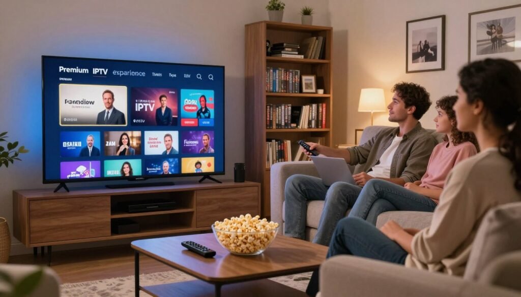A cozy living room setting featuring an elegant, modern flat-screen TV displaying a vibrant interface showcasing various premium IPTV channels. In the foreground, a stylish coffee table with a bowl of popcorn and a remote control, inviting viewers to settle in for a movie night. The middle ground includes a plush sofa with professional individuals casually dressed, engaging with the content on-screen, depicting a relatable atmosphere of family-friendly enjoyment. Soft, warm lighting creates a welcoming mood, highlighting the details of the sophisticated decor. In the background, shelves filled with DVD collections and framed pictures evoke a sense of an inviting home. The setting embodies comfort, entertainment, and the joy of accessing a diverse library of HD channels, emphasizing the premium IPTV experience.