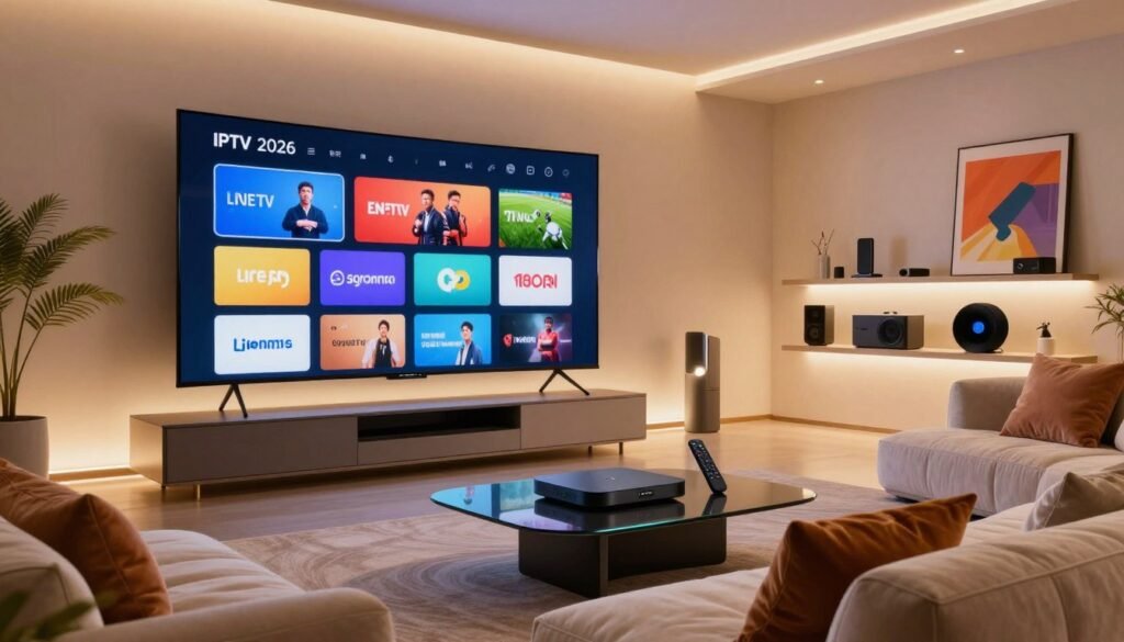 A futuristic living room showcasing premium IPTV technology in 2026, set in the foreground with a sleek, large curved screen displaying various streaming icons for live TV, movies, and sports. In the middle, a contemporary entertainment unit with stylish devices like a smart IPTV box and a remote control, along with a luxurious couch featuring plush cushions. The background features soft ambient lighting, creating a cozy atmosphere, with decorative shelves showcasing advanced technology and vivid artwork reflecting entertainment themes. Use a wide-angle lens perspective to capture the spaciousness, and incorporate a warm color palette to evoke a sense of comfort and innovation. The mood is inviting and sophisticated, emphasizing the evolution of home entertainment.