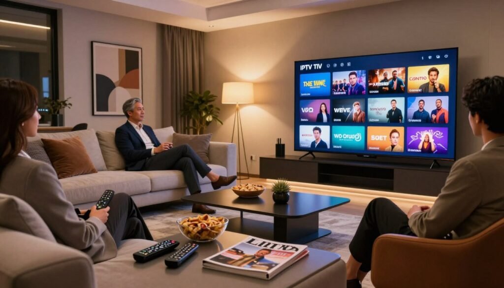 A modern, elegant living room showcasing a large, high-definition television displaying a vibrant menu of premium IPTV services. In the foreground, a sleek coffee table is adorned with remote controls, snack bowls, and a stylish magazine. In the middle ground, a comfortable sofa with plush cushions invites viewers to relax and enjoy a cinematic experience, while people dressed in professional business attire are casually interacting, appearing engaged in conversation about the diverse content. The background features ambient lighting giving off a warm glow, enhancing a cozy atmosphere, and tasteful artwork on the walls reflects an upscale environment. The image captures the excitement and sophistication of experiencing live TV, movies, and sports in HD quality, emphasizing a sense of luxury and enjoyment.