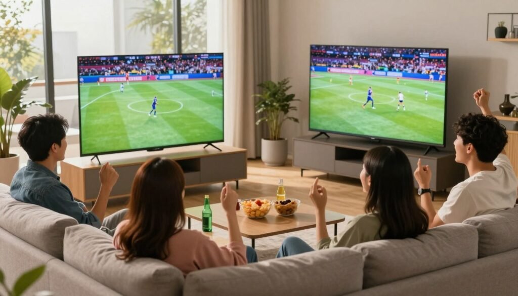 A modern home setup showcasing a group of diverse friends enthusiastically watching a live sports event on a large flat-screen television. In the foreground, there is a comfortable sofa with snacks and drinks on a coffee table, creating an inviting atmosphere. The middle ground features the TV displaying an exciting game, with bright colors and dynamic motion captured on the screen. The background includes large windows letting in warm, natural light, enhancing the lively ambiance. The scene is filled with expressions of joy and anticipation, emphasizing the shared experience of watching sports together. Capture the image from a slightly elevated angle to convey depth and the vibrant energy of the moment, while maintaining a professional, polished appearance throughout the composition.