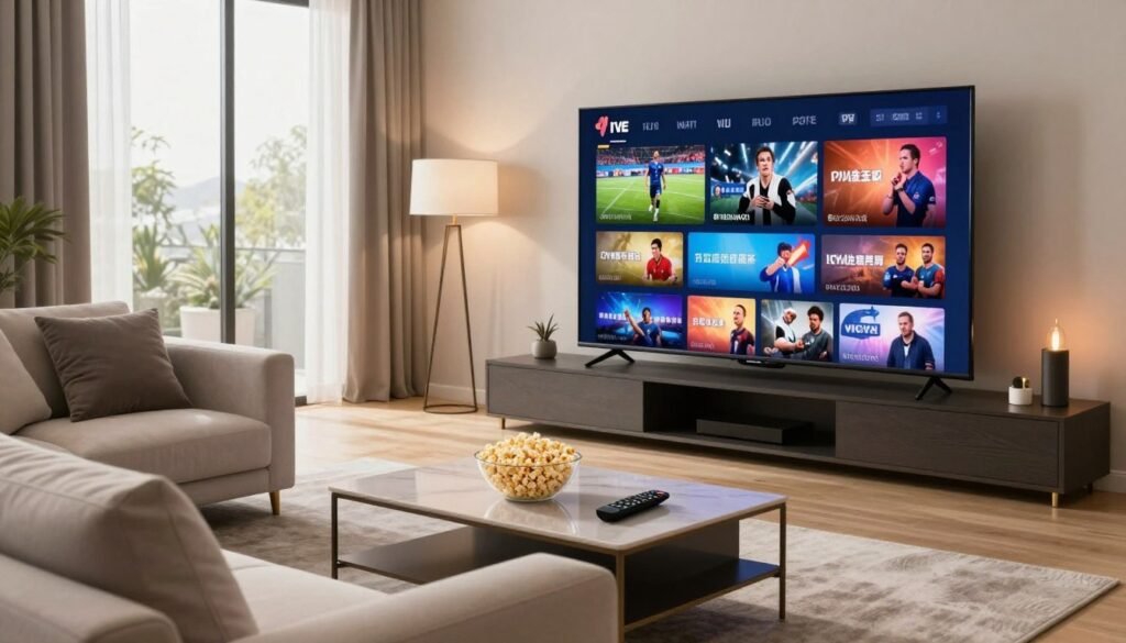 A modern living room featuring a large, sleek television displaying a vibrant array of live TV channels, including sports events, movies, and news. In the foreground, a comfortable sofa with elegant cushions invites viewers to sit back and enjoy. The middle ground showcases a stylish coffee table adorned with a bowl of popcorn and a remote control. The background includes a large window with natural light streaming in, creating a warm and inviting atmosphere. Soft lighting from designer lamps adds a cozy ambiance to the space. Capture an engaging angle that emphasizes both the television's display and the inviting living environment, conveying a sense of excitement and premium entertainment options.