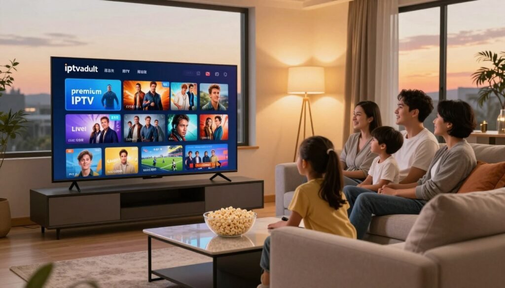 A modern living room setting featuring a sleek flat-screen television displaying the iptvadult premium IPTV service interface with vibrant visuals showcasing a mix of live TV channels, blockbuster movies, and exciting sports events. In the foreground, a comfortable couch adorned with plush pillows and a stylish coffee table with a bowl of popcorn enhance the cozy atmosphere. The middle ground includes a family of four, dressed in casual but polished clothing, happily watching together, embodying engagement and enjoyment. The background offers soft ambient lighting with warm hues emanating from stylish lamps, creating an inviting mood. A large window reveals a sunset, casting a golden glow, while the overall composition suggests a harmonious blend of technology, family leisure, and entertainment.