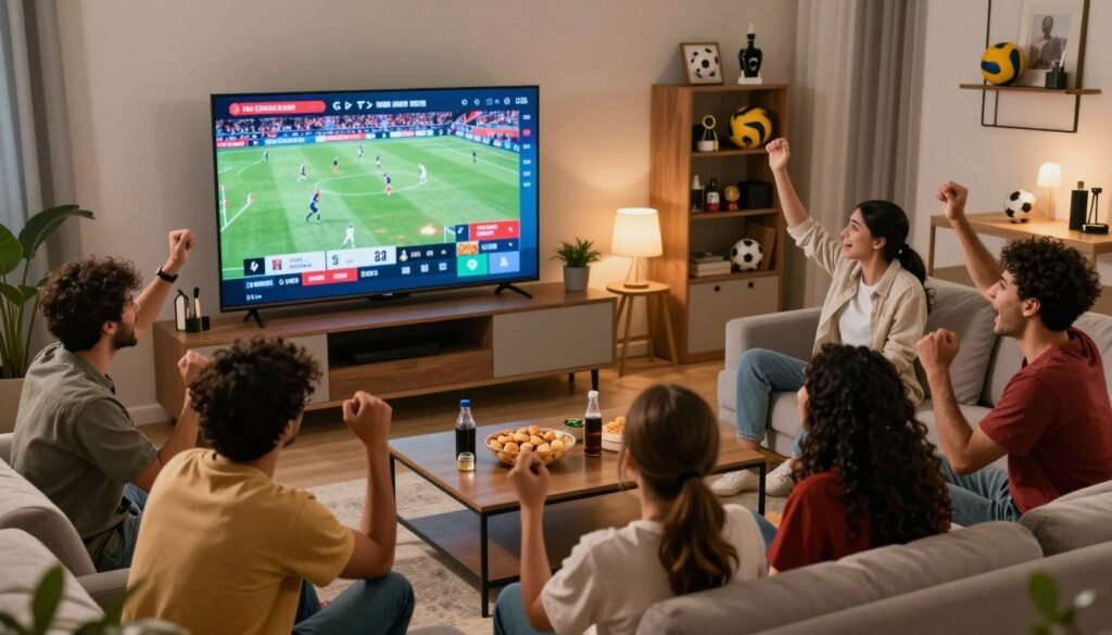 A modern living room setting with a large, flat-screen TV displaying a vibrant live sports streaming interface showcasing various sports events. In the foreground, a diverse group of sports enthusiasts, dressed in comfortable casual clothing, are excitedly watching the game, exuding joy and camaraderie. The middle ground features a coffee table with snacks and drinks, emphasizing the relaxed atmosphere. In the background, soft lighting creates a cozy ambiance, with sports memorabilia adorning the shelves. The scene is captured from a slightly elevated angle, providing a comprehensive view of the excitement and engagement among the viewers, encapsulating the thrill of live sports streaming. The overall mood is lively and inviting, inviting sports fans to join in the enjoyment.