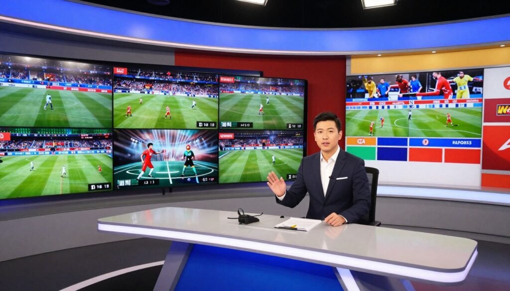 A modern sports channel studio setup, featuring sleek LED screens displaying vibrant sports graphics and live game footage. In the foreground, a professional host in smart casual attire stands confidently at a high-tech news desk, gesturing while discussing sports highlights. The middle ground includes a dynamic arrangement of live feeds from various sports events, with subtle motion effects to convey excitement. In the background, colorful banners and logos of different sports can be seen, enhancing the vibrant atmosphere. The scene is well-lit with a mix of cool blue and warm white lights that create a lively yet professional ambiance, captured from a slightly elevated angle to provide depth and perspective, highlighting the energy of a live sports experience.