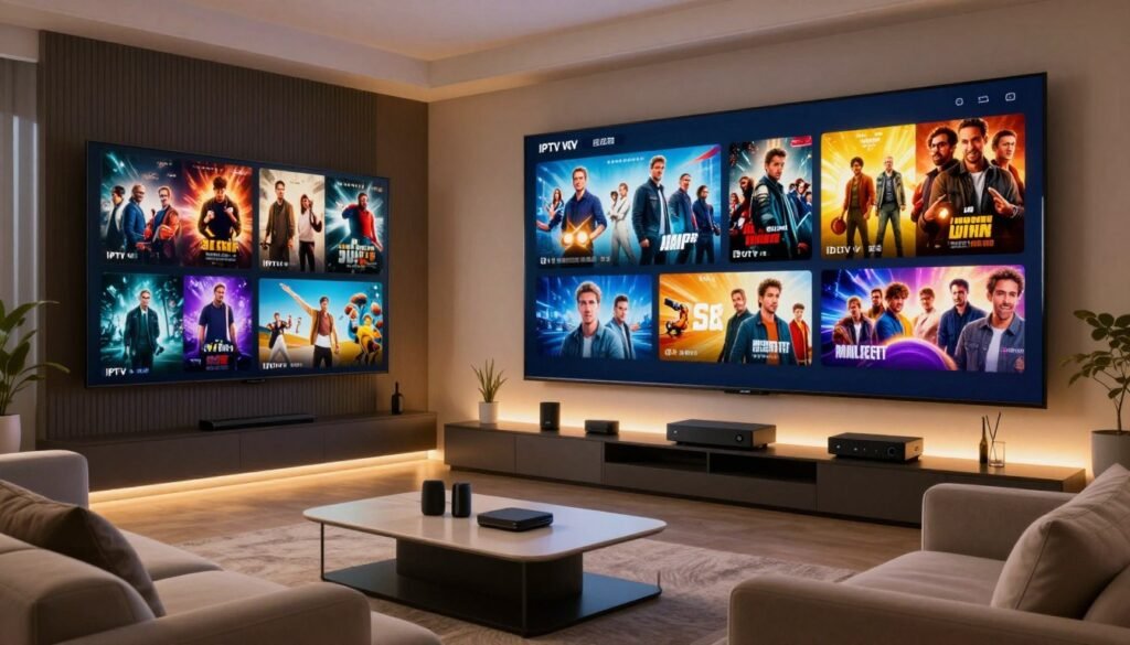 A sleek, modern IPTV adult VOD library, showcasing a diverse selection of movie posters and TV show thumbnails arranged on digital screens. In the foreground, a cozy living room setup features a stylish sofa and a coffee table, suggesting a comfortable viewing experience. In the middle, vibrant, high-definition screens display a variety of genres, including action, comedy, and drama, with an inviting glow illuminating the space. The background features a well-organized shelf with streaming devices and media players, emphasizing advanced technology. The lighting is warm and soft, creating an inviting atmosphere, while the angle captures the essence of leisure and entertainment in a home environment. The overall mood evokes excitement and intrigue around on-demand entertainment options.