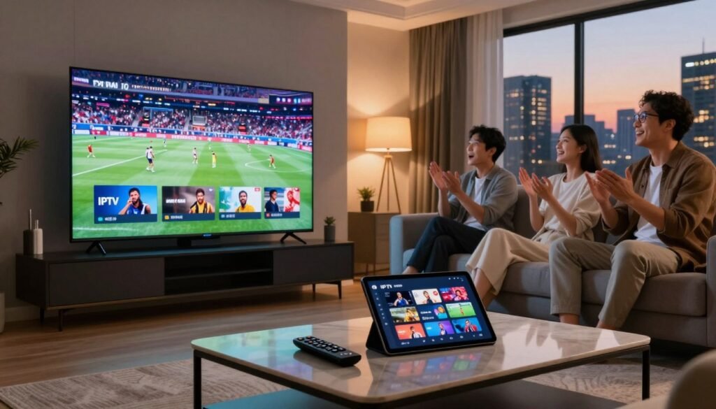 A sleek, modern living room equipped with advanced IPTV technology in a prominent position, featuring a large, ultra-high-definition TV displaying vibrant visuals of live sports and movies. The foreground includes a stylish coffee table with a remote control and a tablet showcasing an IPTV interface. In the middle, well-dressed individuals are engaged in an immersive viewing experience, exuding excitement and anticipation. The background is softly lit with ambient lighting, enhancing the cozy yet high-tech atmosphere. Large windows reveal a metropolitan skyline at dusk, with warm city lights adding to the inviting environment. The focus is on the innovation of streaming technology, emphasizing connection, entertainment, and the future of media consumption.