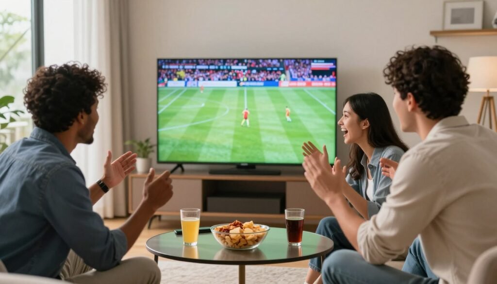 A vibrant scene depicting a modern living room with a large flat-screen TV displaying a live sports stream. In the foreground, a diverse group of three people, dressed in casual yet neat clothing, are gathered around the coffee table, excitedly engaging with the game. The middle ground shows snacks and drinks on the table, enhancing the lively atmosphere. In the background, large windows allow natural light to pour in, creating a warm and inviting ambiance. The lens captures slight depth of field, focusing on the group's expressions of enthusiasm while subtly blurring the background. The overall mood is one of camaraderie and excitement, perfect for an engaging sports viewing experience.