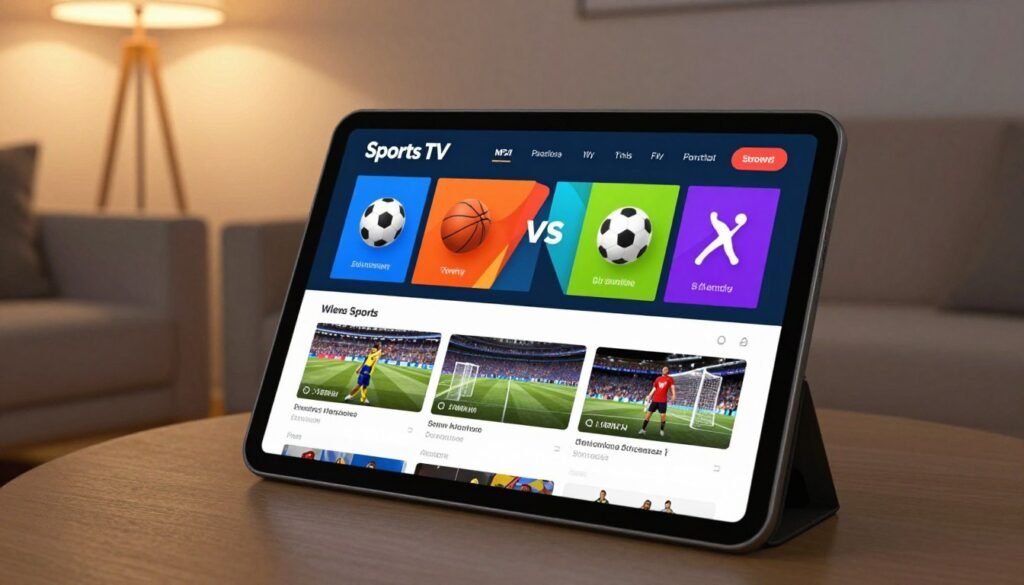 A visually striking depiction of a modern sports TV app interface on a sleek, high-resolution tablet. In the foreground, the tablet displays a vibrant, user-friendly layout featuring live game streams, sports highlights, and an intuitive navigation menu. The middle ground includes elements like colorful graphics representing various sports icons (soccer, basketball, tennis), all against a backdrop of a cozy living room setting with a plush couch and ambient lighting. The warm glow from a floor lamp creates a welcoming atmosphere. Capture the scene from a slightly elevated angle to emphasize the app's features. The mood should be exciting and engaging, reflecting a seamless experience in watching live sports with friends and family.