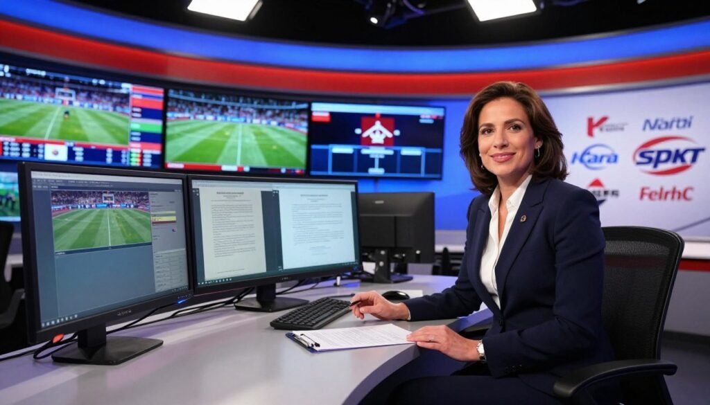 In a modern broadcasting studio, a confident female sports analyst in professional attire sits at a sleek desk with multiple screens displaying various sports events and statistics. The foreground captures her engaging with the audience, illuminated by soft overhead lighting that enhances her presence. In the middle ground, the screens show a mix of live sports feeds and legal documentation, symbolizing the broadcasting rights and regulations. The background features a wall adorned with logos of popular sports networks, creating a vibrant atmosphere of professionalism and excitement. The overall mood is authoritative yet accessible, reflecting the importance of legal considerations in sports streaming. The composition is shot with a slight wide-angle lens to capture the dynamic environment of the broadcasting world.