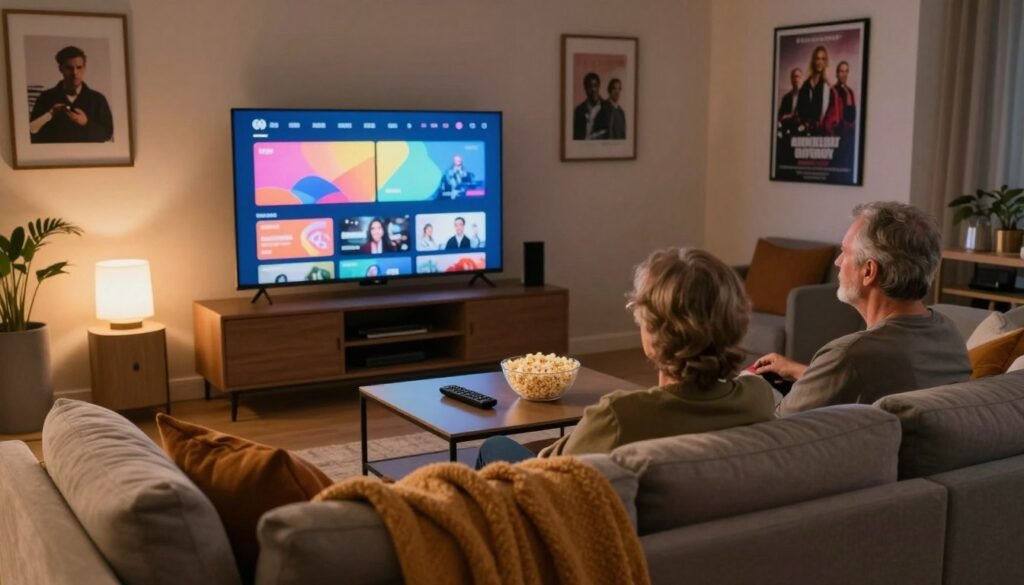 A cozy, inviting living room scene that reflects a mature audience enjoying IPTV content. In the foreground, a stylish modern couch with neatly arranged cushions and a warm throw blanket. On a sleek coffee table, there's a remote control and a popcorn bowl, hinting at a movie night. In the middle background, a large flat-screen TV displays colorful, abstract shapes representing various streaming options, with soft, ambient lighting illuminating the scene. The walls are decorated with tasteful art and posters hinting at popular mature-themed shows, creating a relaxed atmosphere. A soft glow from a nearby lamp casts a warm tone, evoking a sense of community and comfort. The angle is slightly elevated to capture the entirety of the scene, creating a welcoming and engaging mood.