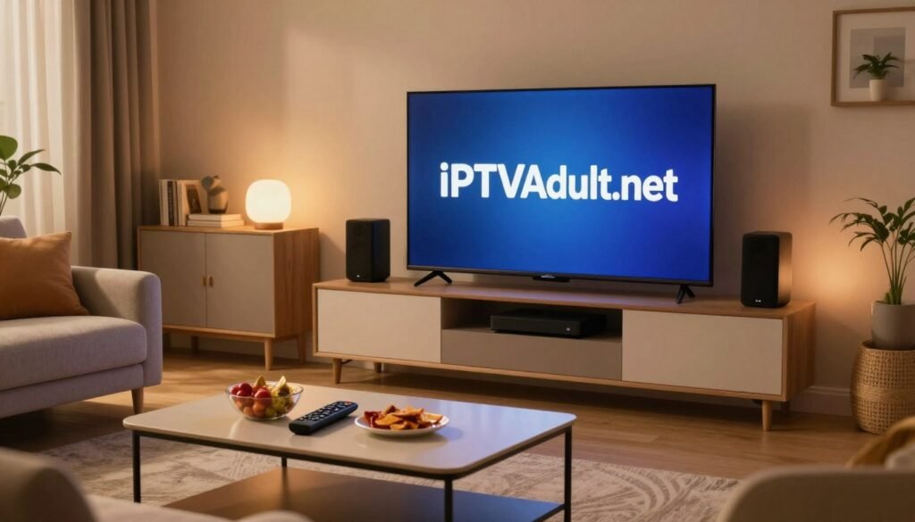 A modern home entertainment setup showcasing a sleek television displaying the IPTVAdult.net logo on the screen, surrounded by comfortable seating and a cozy living room ambiance. In the foreground, a stylish coffee table holds a remote control and a few snacks, indicating a relaxing viewing experience. The middle ground features a well-decorated room with soft lighting casting a warm glow, highlighting contemporary furniture and decor. In the background, subtle hints of technology, like a streaming device and surround sound speakers, enhance the theme of advanced media consumption. The atmosphere feels inviting and intimate, suggesting enjoyment and leisure in discovering IPTV services. The scene is captured with a warm color palette, using natural lighting effects to convey a comfortable evening environment.