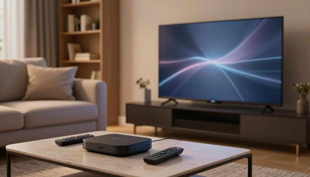 A modern living room setting designed for comfortable home entertainment, featuring a large flat-screen TV displaying a subtle abstract graphic pattern to represent IPTV services. In the foreground, a stylish coffee table holds streaming devices and remote controls. In the middle ground, a plush couch with neatly arranged cushions invites users to relax and enjoy their viewing experience. Soft, warm lighting creates an inviting atmosphere, enhancing the cozy vibe. A close-up angle captures the scene, emphasizing the tech-savvy environment, with slight shadows adding depth. The background showcases a tastefully decorated shelf with books and decorative items, suggesting a blend of leisure and sophistication, while maintaining a professional, safe-for-work ambiance devoid of any explicit content.