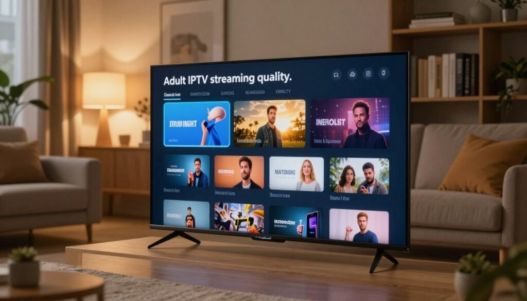 A tasteful and professional image showcasing the concept of "adult IPTV streaming quality." In the foreground, a high-tech television displays a vibrant streaming interface, with clear graphics and a variety of channels in a grid layout. The middle layer features a sleek, modern living room with cozy seating, ambient lighting that creates a warm and inviting atmosphere. A light source simulates evening conditions, casting soft shadows and enhancing detail. In the background, elements like a bookshelf filled with technology-related books and a potted plant add depth and context, reinforcing the home entertainment theme. The overall mood is relaxed and upscale, emphasizing the technical performance aspect while remaining appropriate and SFW.